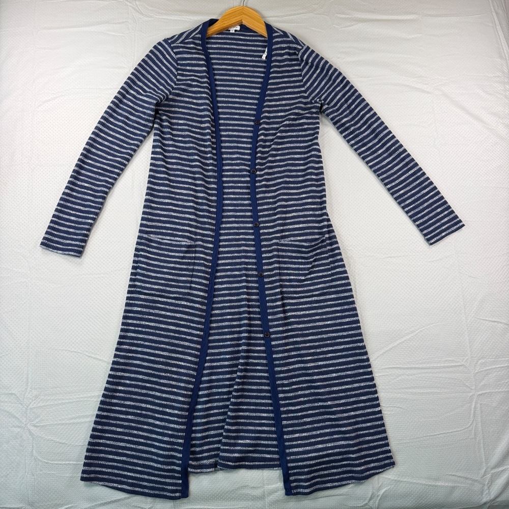 Splendid Small Long Striped Duster Cardigan Blue White Soft Knit Pocket USA Made